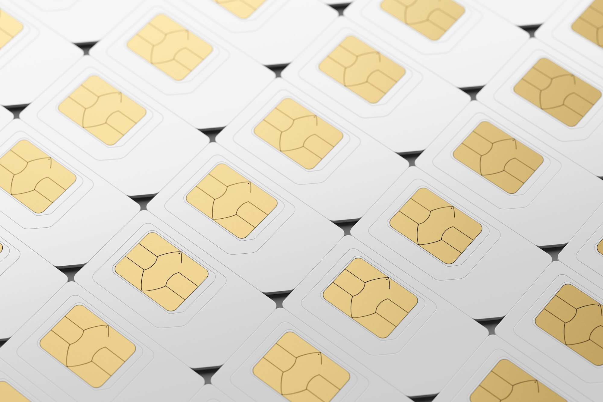 SIM cards arranged in a row. 3D rendering illustration.